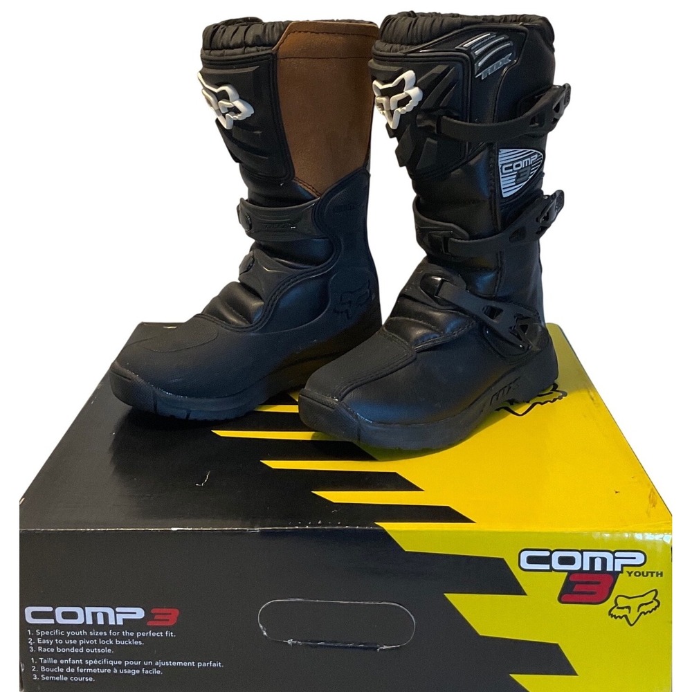 Fox Racing Youth Comp 3 Motocross Boots Black Dirt Bike Size Y4 EU 36